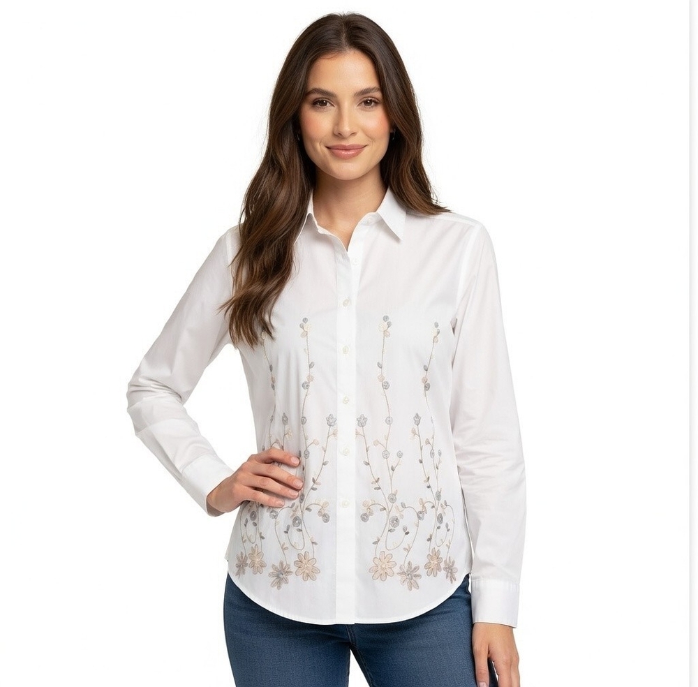 Brooklyn Express Women's White Floral Embroidered Button Up Shirt XL Long Sleeve